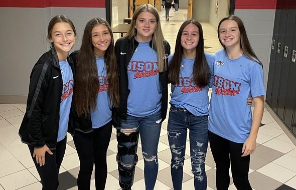 Some girls from the soccer team participate in red, white, and blue day.
From left to right are Elle Smith, Abby Ryan, Cayleigh Walker, Taylor Hudson, and Alayna Winters.