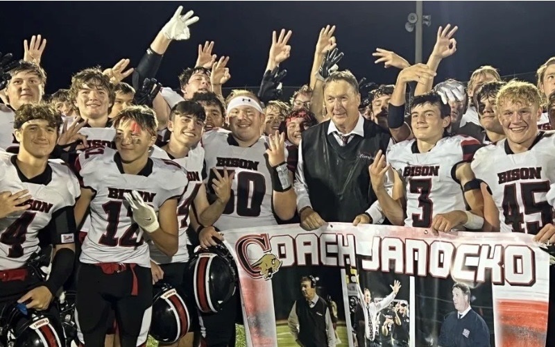 Coach+Janoko+celebrating+his+300th+career+win+for+Clearfield+Bison+Football.