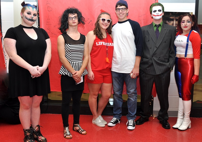 Pictured are (left to right) Amber Morris (the Cheshire Cat in Alice in Wonderland); Eric Griffith (David from Transgender America); Lauren Butler and Mike Ternoway (from Sandlot); Gideon Knepp (the Joker in Batman) and Morgan Johns (Harley Quinn from Suicide Squad).”