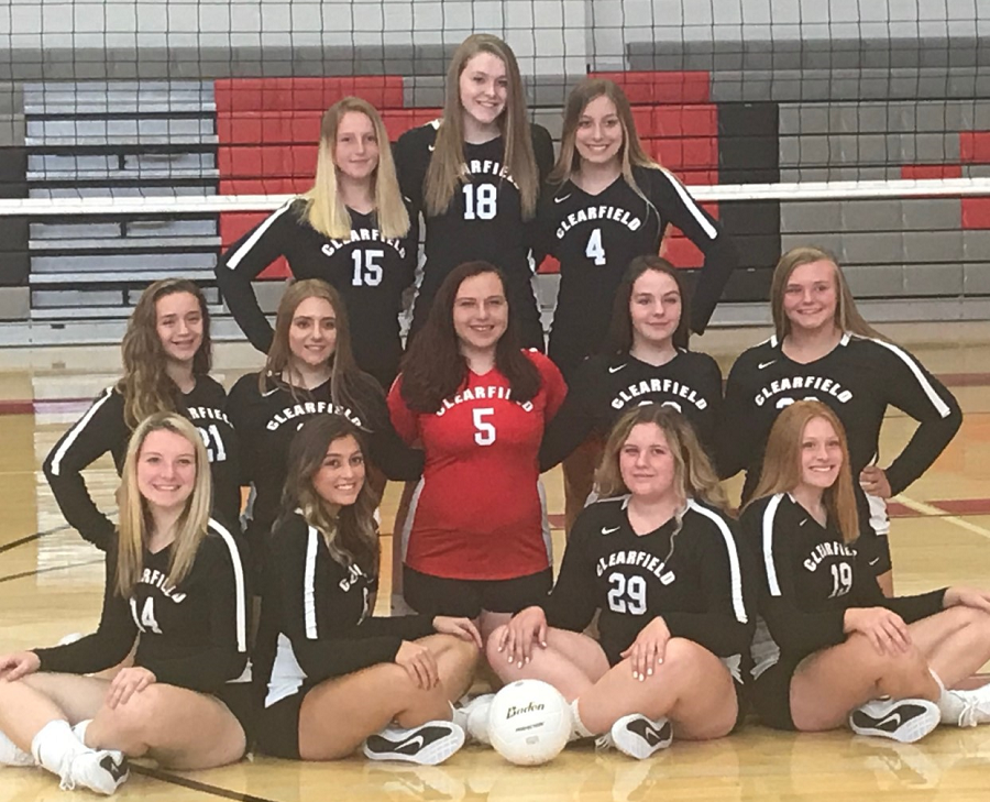 The Clearfield Lady Bison Volleyball team includes starting from left first row: Lauren Coleman, Bella Spingola, Anna Hale, and Adrian Rowles. Second Row: Rachele Owens, Cassie Eamigh, Lauren Ressler, Alaina Fedder, and Olivia Bender. Third Row: Morgan Cheek, Paige Rhine, and Alyssa Rowles.