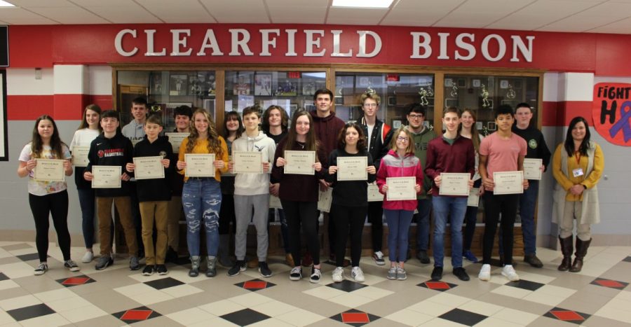 January 2020 Students of the Month shown with Mrs. Prestash, principal.