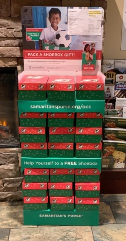 A display featuring boxes for Operation Christmas Child.