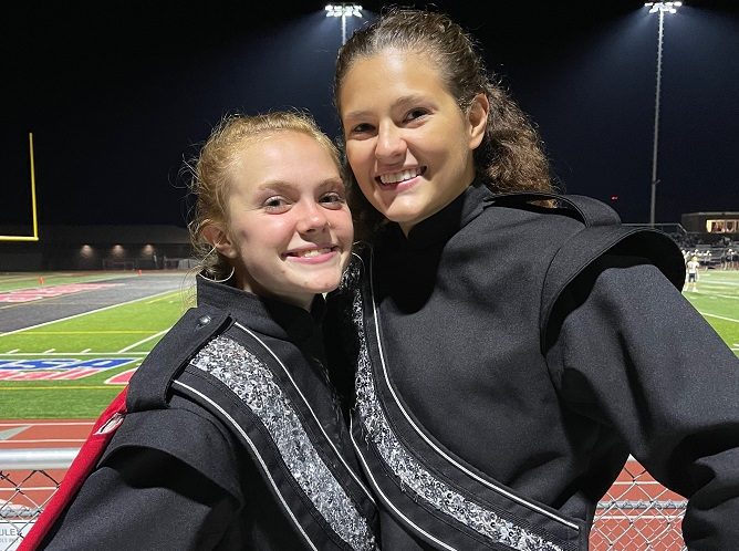 Band drum majors are, from left, Emma Quick and Riley Vaow.