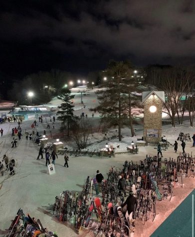 Holiday Valley Ski Resort pictured at night. 