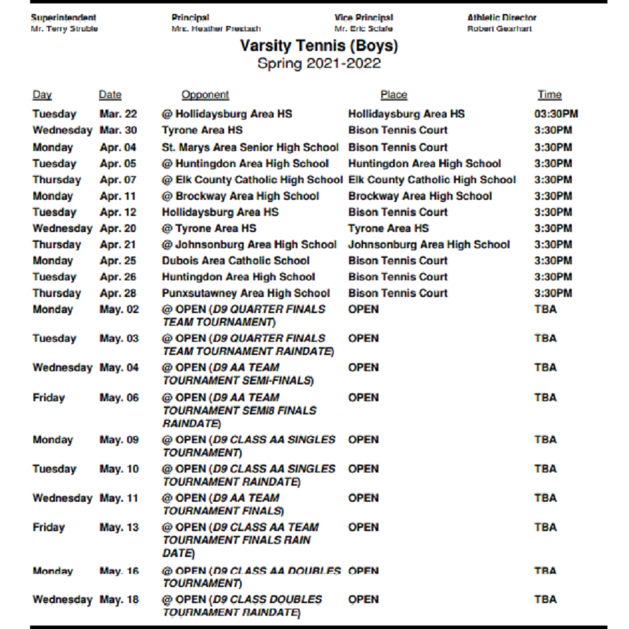 Boys Tennis 2022 schedule 