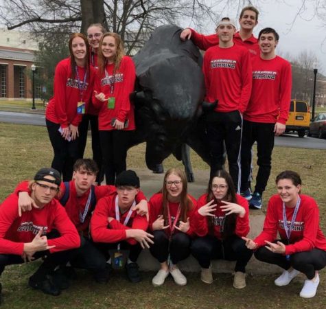Clearfield Swimmers at states posing at the Bucknell Bison.
Top row: Danna Bender, Beth Struble, Emma Quick, Derrick Mikesell, Leif Hoffman, and Tyler Olson.
Bottom row: Hunter Cline, Connor Morgan, Nick Vaow, Danielle Cline, Jaylin Wood, and Riley Vaow. 